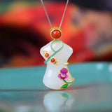 Chinese Hetian Chalcedony Flower Cheongsam Pendant Necklace