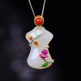 Chinese Hetian Chalcedony Flower Cheongsam Pendant Necklace