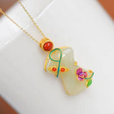 Chinese Hetian Chalcedony Flower Cheongsam Pendant Necklace