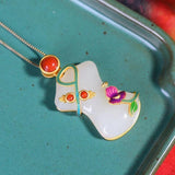 Chinese Hetian Chalcedony Flower Cheongsam Pendant Necklace