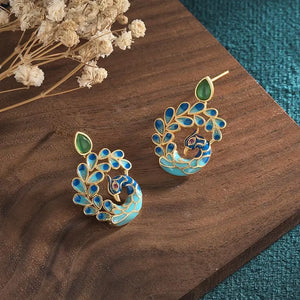 Chinese Peacock Enamel Earrings Chrysoprase Jewelry