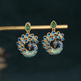 Chinese Peacock Enamel Earrings Chrysoprase Jewelry