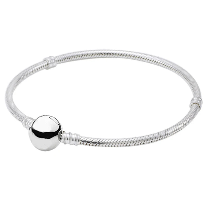 Circular Clasp Snake Chain Bracelet 925 Sterling Silver Bead Charm DIY Jewelry