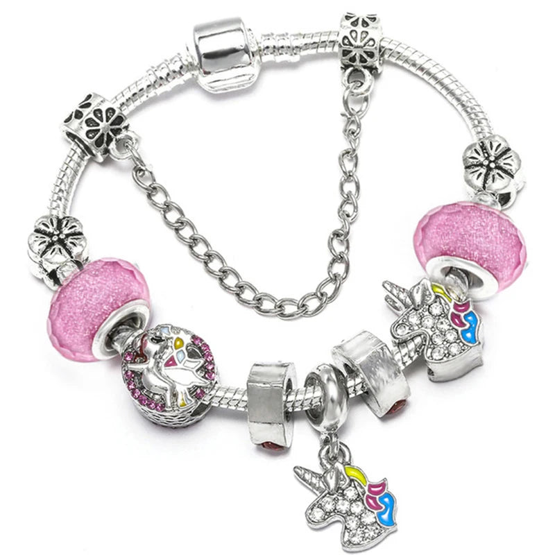 Enamel Unicorn Bracelet Bangle with Crystal Beads Charm for Women