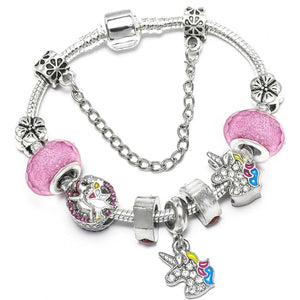 Enamel Unicorn Bracelet Bangle with Crystal Beads Charm for Women