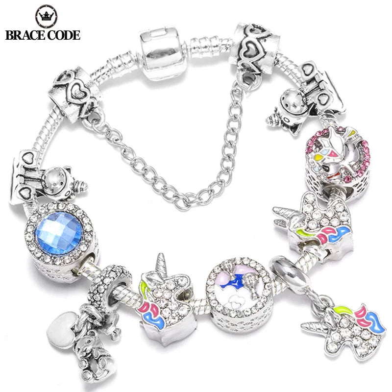 Enamel Unicorn Bracelet Bangle with Crystal Beads Charm for Women