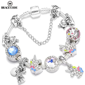 Enamel Unicorn Bracelet Bangle with Crystal Beads Charm for Women