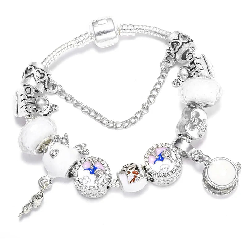 Enamel Unicorn Bracelet Bangle with Crystal Beads Charm for Women