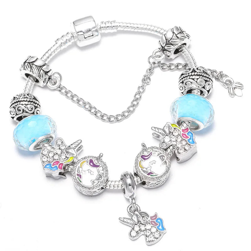 Enamel Unicorn Bracelet Bangle with Crystal Beads Charm for Women