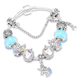 Enamel Unicorn Bracelet Bangle with Crystal Beads Charm for Women