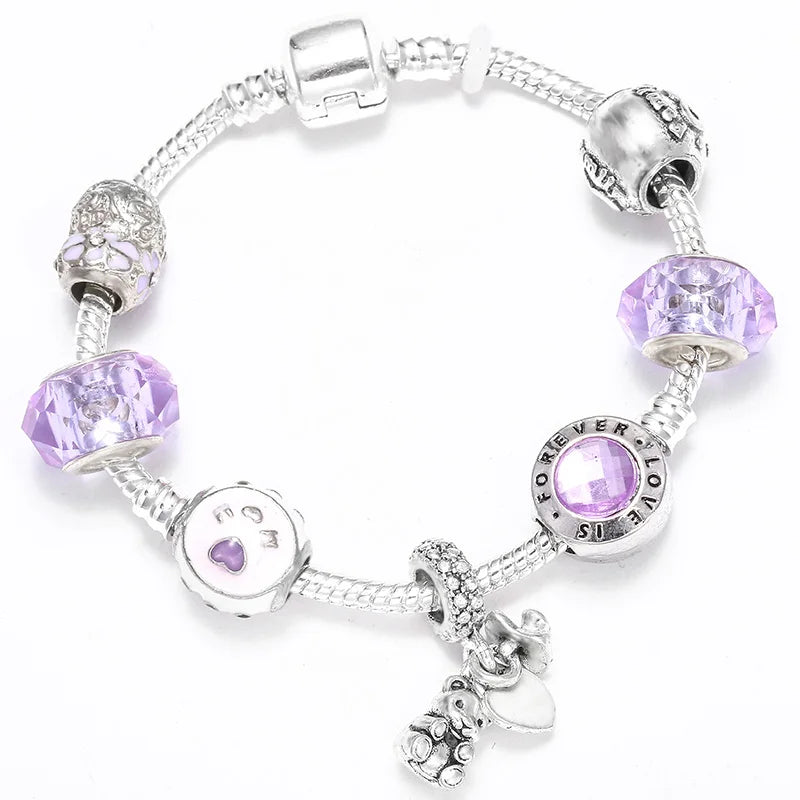 Enamel Unicorn Bracelet Bangle with Crystal Beads Charm for Women
