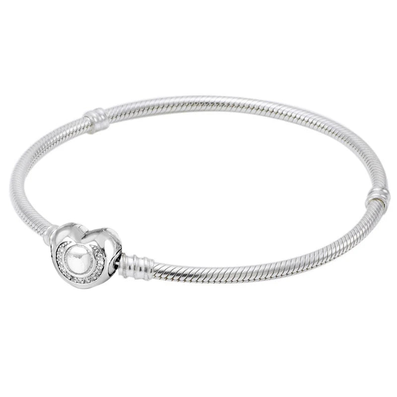 Crystal Wishful Heart Snake Chain Bracelet Bangle 925 Sterling Silver Bead Charm