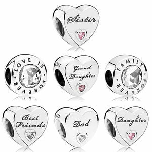 Family Love Heart Crystal Bead Charms for Bracelet 925 Sterling Silver