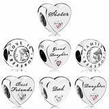 Family Love Heart Crystal Bead Charms for Bracelet 925 Sterling Silver