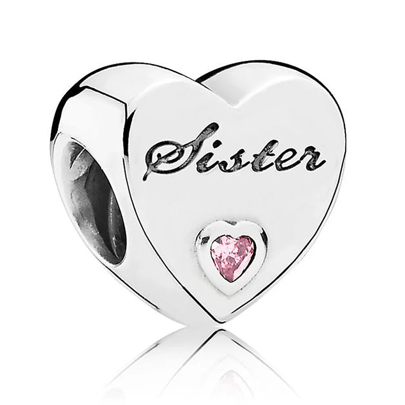 Family Love Heart Crystal Bead Charms for Bracelet 925 Sterling Silver