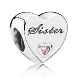 Family Love Heart Crystal Bead Charms for Bracelet 925 Sterling Silver