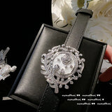 925 Silver Shell Flower Wrist Strap Bracelet with PU Belt Ladies CZ Bangle