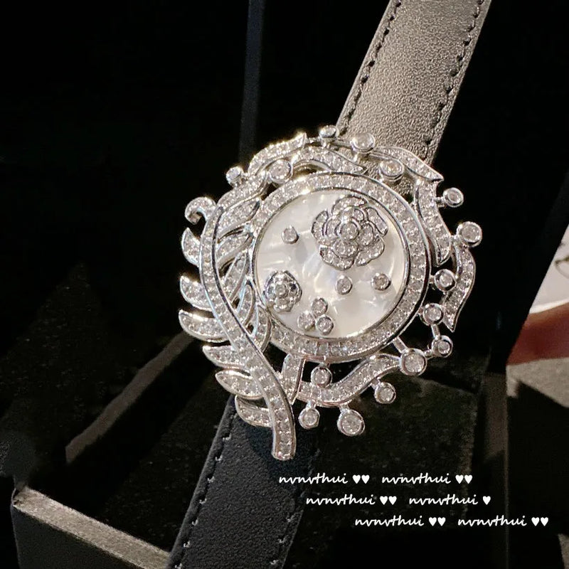 925 Silver Shell Flower Wrist Strap Bracelet with PU Belt Ladies CZ Bangle