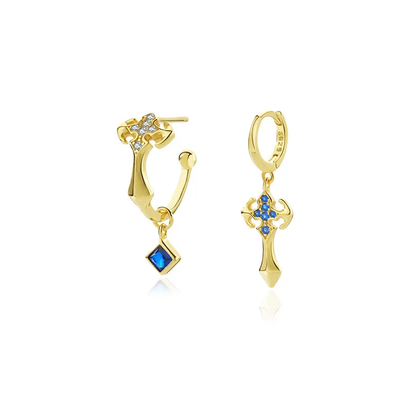 925 Silver Asymmetric Cross Sword Stud Earrings Retro Style
