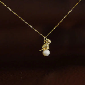 Diamond Collar Cat Pearl Necklace Pendant Art Jewelry