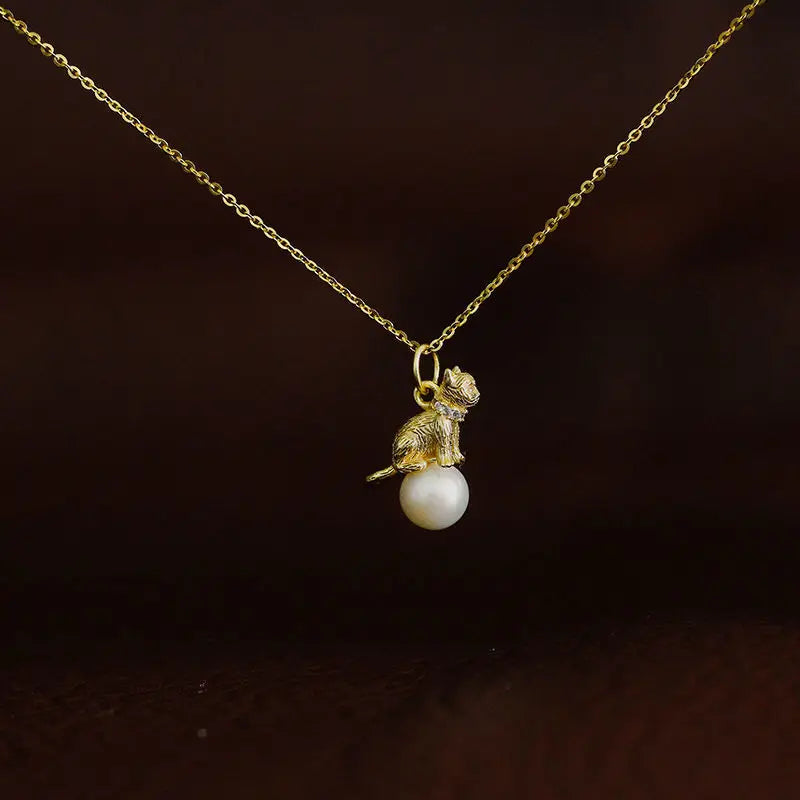 Diamond Collar Cat Pearl Necklace Pendant Art Jewelry