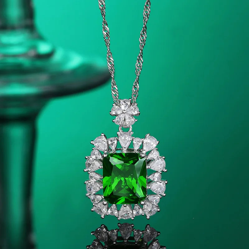 S925 Sterling Silver Green Diamond Pendant Necklace