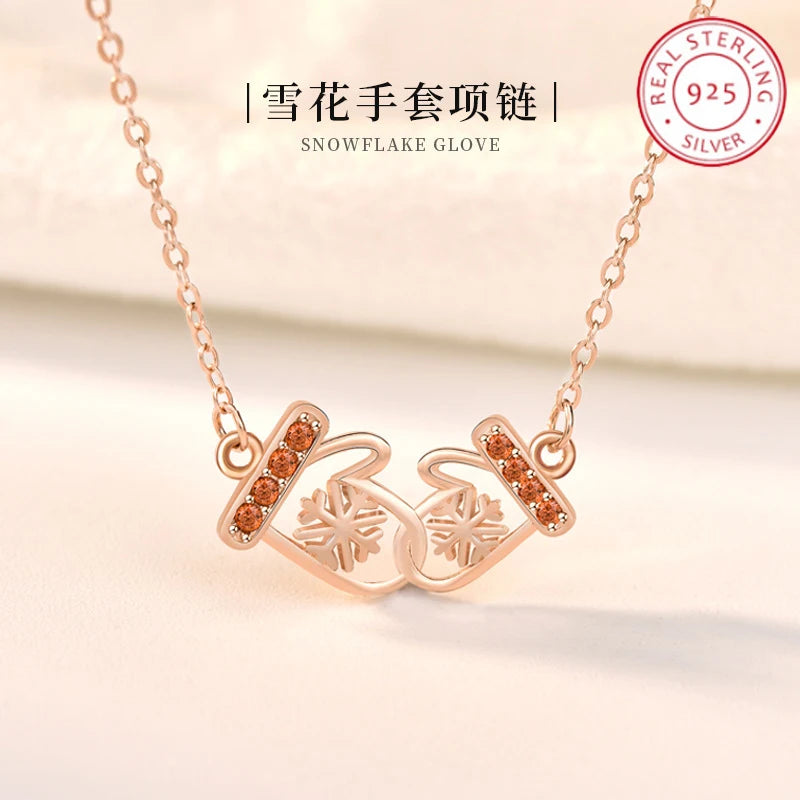 925 Silver Christmas Snow Flake Red Mitten Necklace Pendant Jewelry Xmas Gift