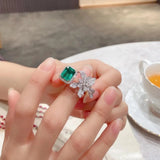 Silver Flower Lab Emerald Adjustable Ring for Women