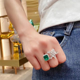 Silver Flower Lab Emerald Adjustable Ring for Women