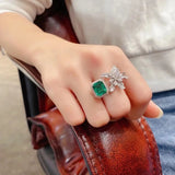 Silver Flower Lab Emerald Adjustable Ring for Women