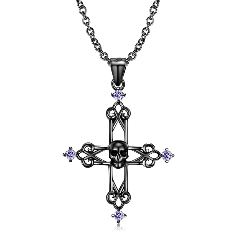 Hip Hop S925 Sterling Silver Cross Skull Pendant Necklace for Women