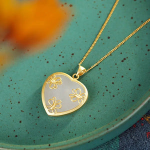 Hetian Jade Heart Butterfly Necklace Pendant Silver Jewelry