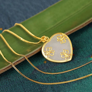 Hetian Jade Heart Butterfly Necklace Pendant Silver Jewelry