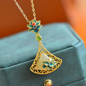 Hetian Jade Triangle Enamel Flower Pendant Necklace