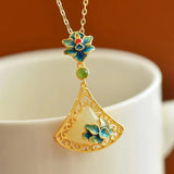 Hetian Jade Triangle Enamel Flower Pendant Necklace