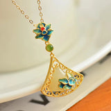 Hetian Jade Triangle Enamel Flower Pendant Necklace