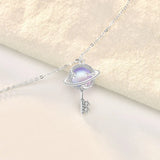 Sterling Silver Aurora Planet Key Necklace Moonstone Jewelry Gift