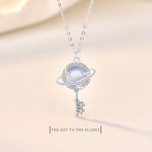 Sterling Silver Aurora Planet Key Necklace Moonstone Jewelry Gift