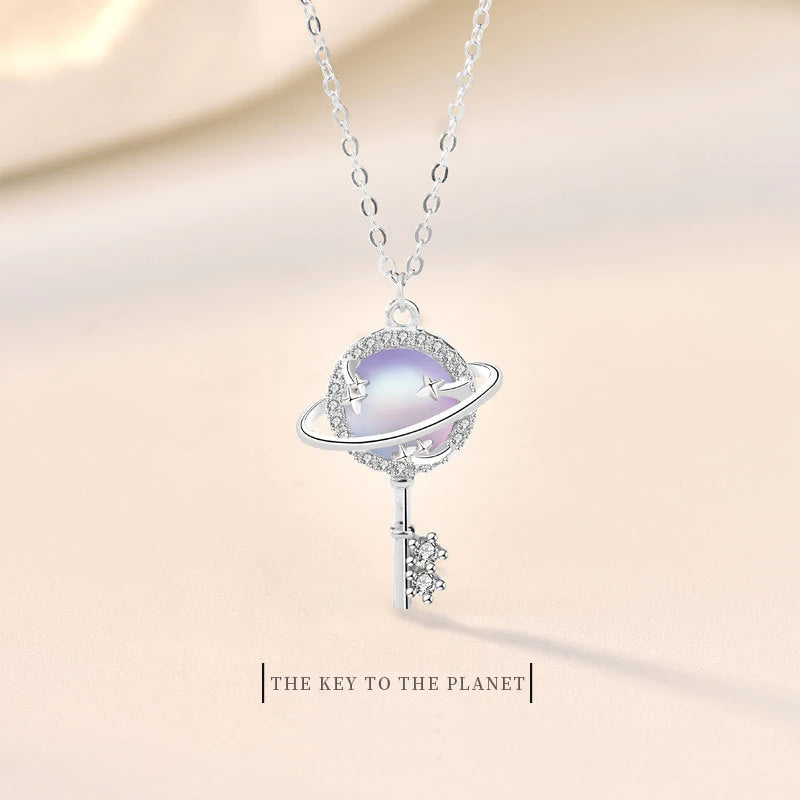 Sterling Silver Aurora Planet Key Necklace Moonstone Jewelry Gift
