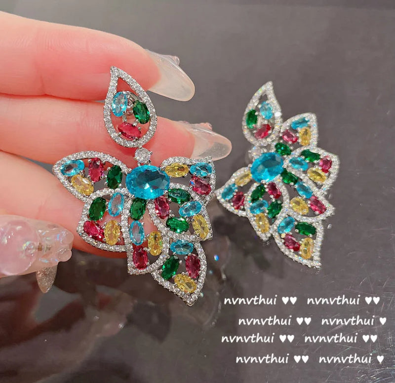 Silver Zircon Leaf Drops Earrings for Women