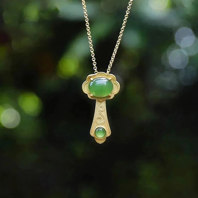 Natural Hetian Jade Green Geometric Necklace Pendant Gilt Ancient Craft