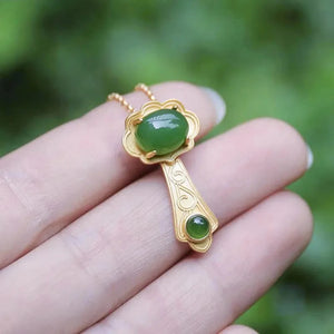 Natural Hetian Jade Green Geometric Necklace Pendant Gilt Ancient Craft