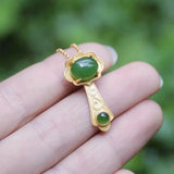 Natural Hetian Jade Green Geometric Necklace Pendant Gilt Ancient Craft
