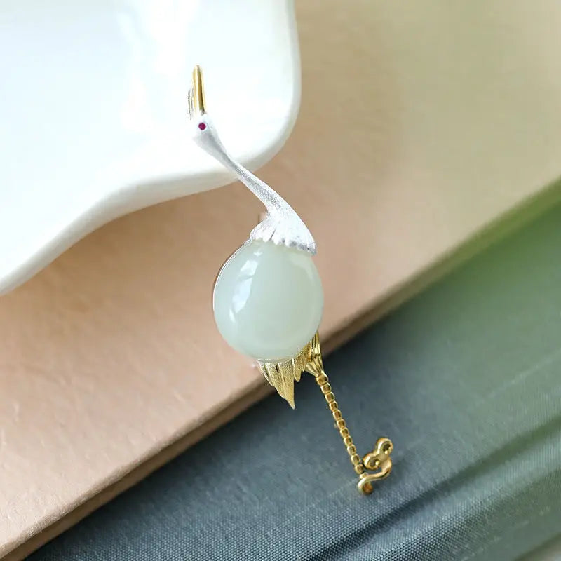 Natural Hetian Jade Unique Oval Shape Brooch for Men and Women