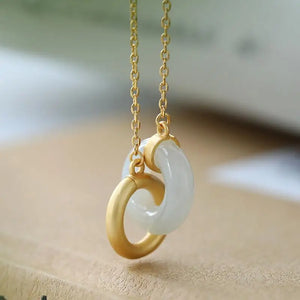 Natural Hetian Jade Double Round Interlocking Necklace Pendant Charm