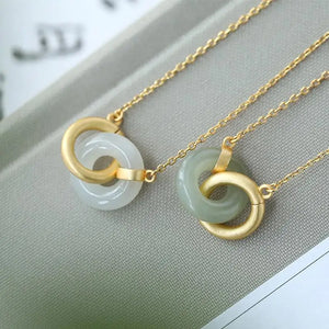Natural Hetian Jade Double Round Interlocking Necklace Pendant Charm