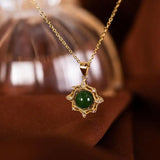S925 Silver Hetian Jade Green Jade SUNFLOWER Pendant Necklace Set