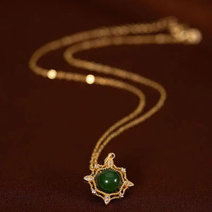 S925 Silver Hetian Jade Green Jade SUNFLOWER Pendant Necklace Set