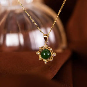 S925 Silver Hetian Jade Green Jade SUNFLOWER Pendant Necklace Set