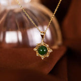 S925 Silver Hetian Jade Green Jade SUNFLOWER Pendant Necklace Set